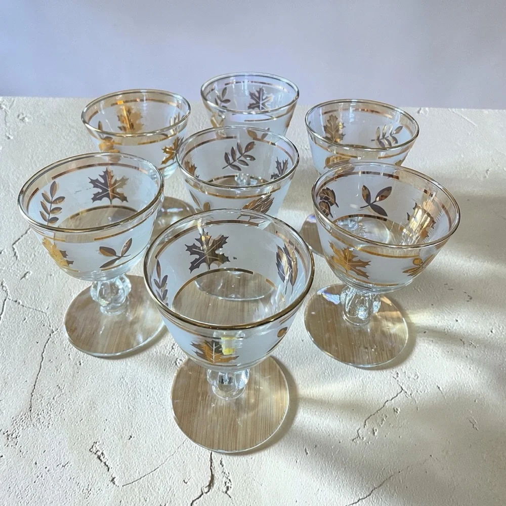 Libbey Golden Foliage champagne/cordial glasses, set of seven, vintage, frosted